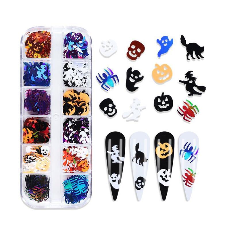 12 ruudukkoa 3D Skull Ghost Nail -paljetteja